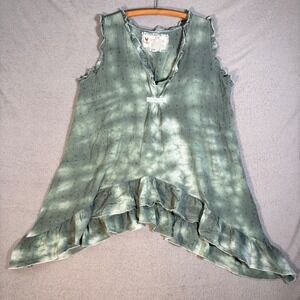 Farmhouse Frocks Tunic Top XL Sage Green Tie Dye Asymmetric Ruffle Hem V Neck